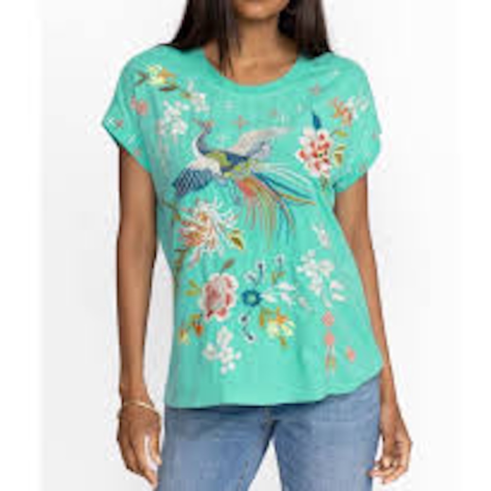 JOHNNY WAS embroidered Turquoise Tee STUNNING Sz L NWT-RARE/Hard-to-find! - Picture 1 of 16